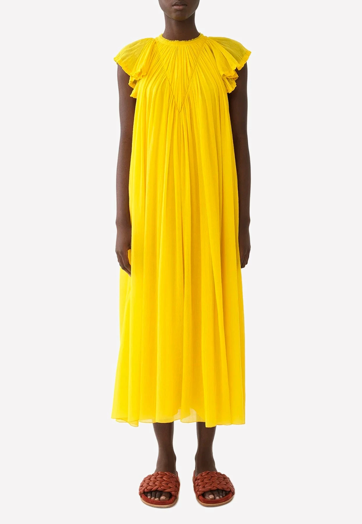 Chloé Gathered Cap-Sleeved Midi Dress Yellow 1 Chloé Gathered Cap-Sleeved Midi Dress Yellow
