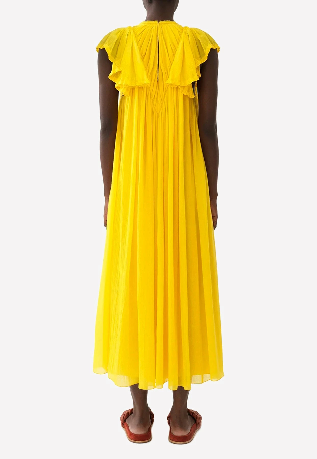 Chloé Gathered Cap-Sleeved Midi Dress Yellow 2 Chloé Gathered Cap-Sleeved Midi Dress Yellow - Image 2