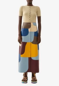 ChloƩ High-Waist Leather Patchwork Midi Skirt Multicolor