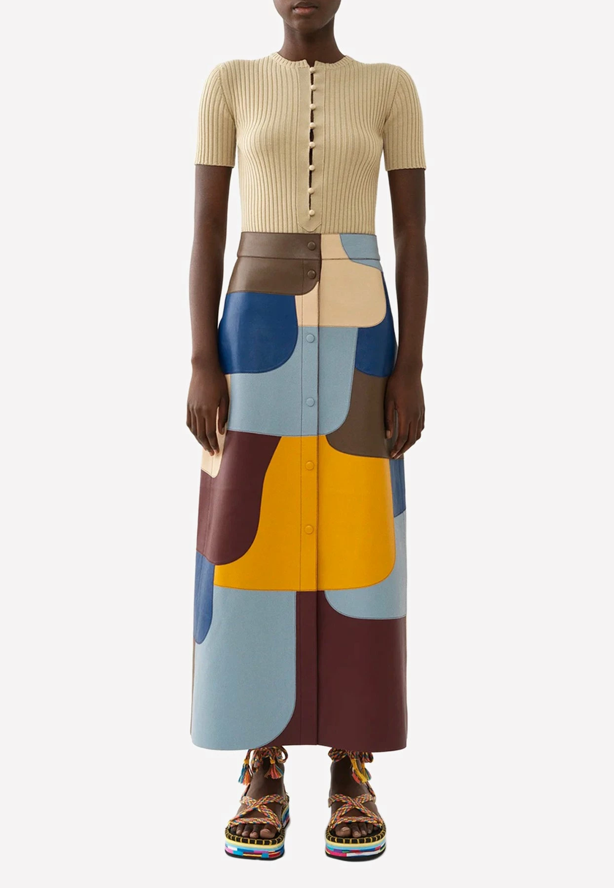 Chloé High-Waist Leather Patchwork Midi Skirt Multicolor 1 Chloé High-Waist Leather Patchwork Midi Skirt Multicolor