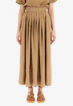 ChloƩ High-Waist Pleated Midi Skirt Brown