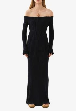 Chloé Off-Shoulder Ribbed Knit Maxi Dress Midnight Blue