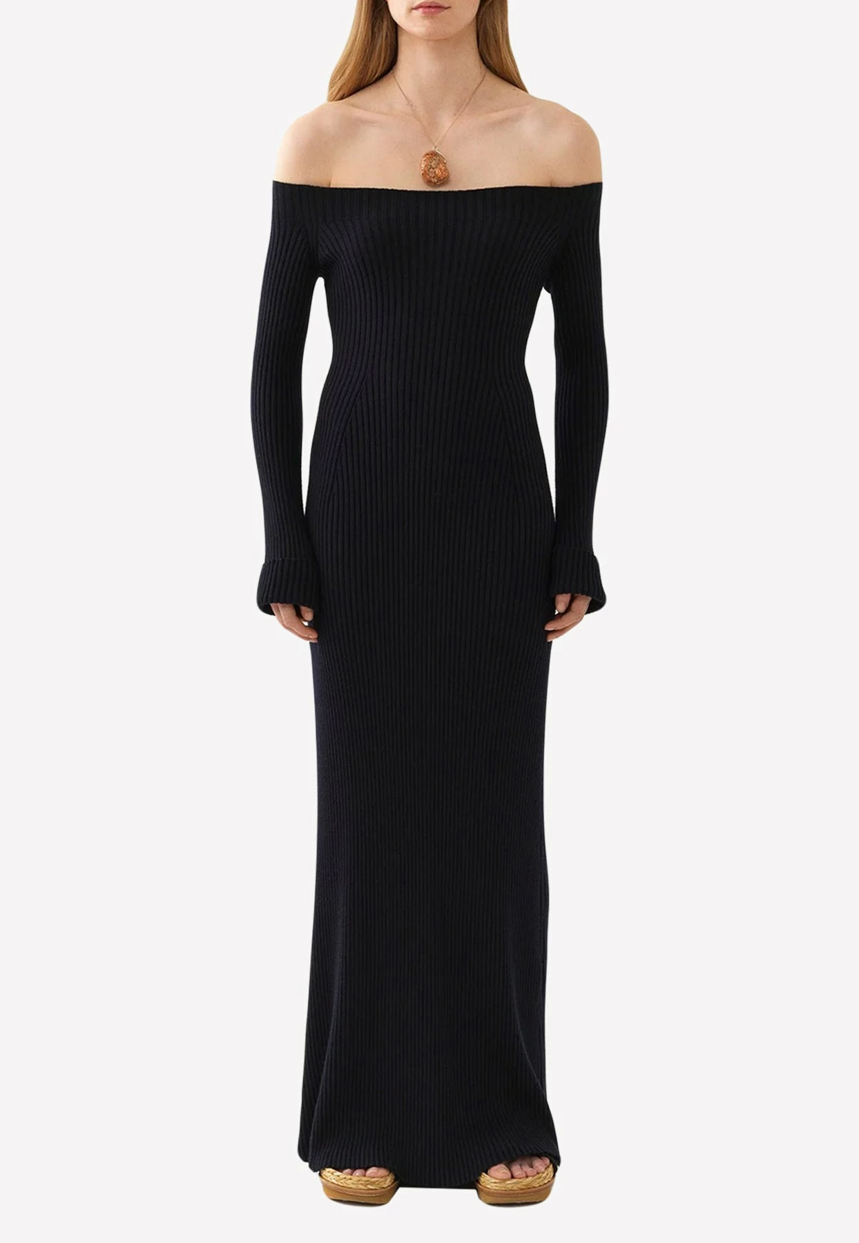 Chloé Off-Shoulder Ribbed Knit Maxi Dress Midnight Blue 1 Chloé Off-Shoulder Ribbed Knit Maxi Dress Midnight Blue