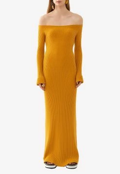 Chloé Off-Shoulder Ribbed Knit Maxi Dress Mustard