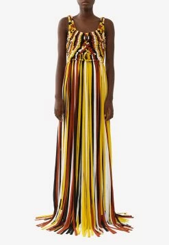 ChloƩ Crepe De Chine MacramƩ Long Sleeveless Fringed Dress Multicolor