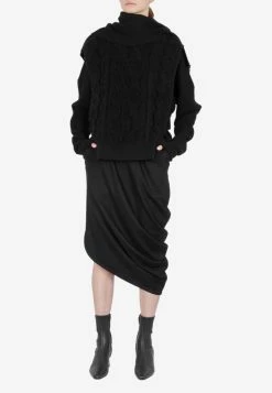Dawei Wool Asymmetric Midi Skirt Black