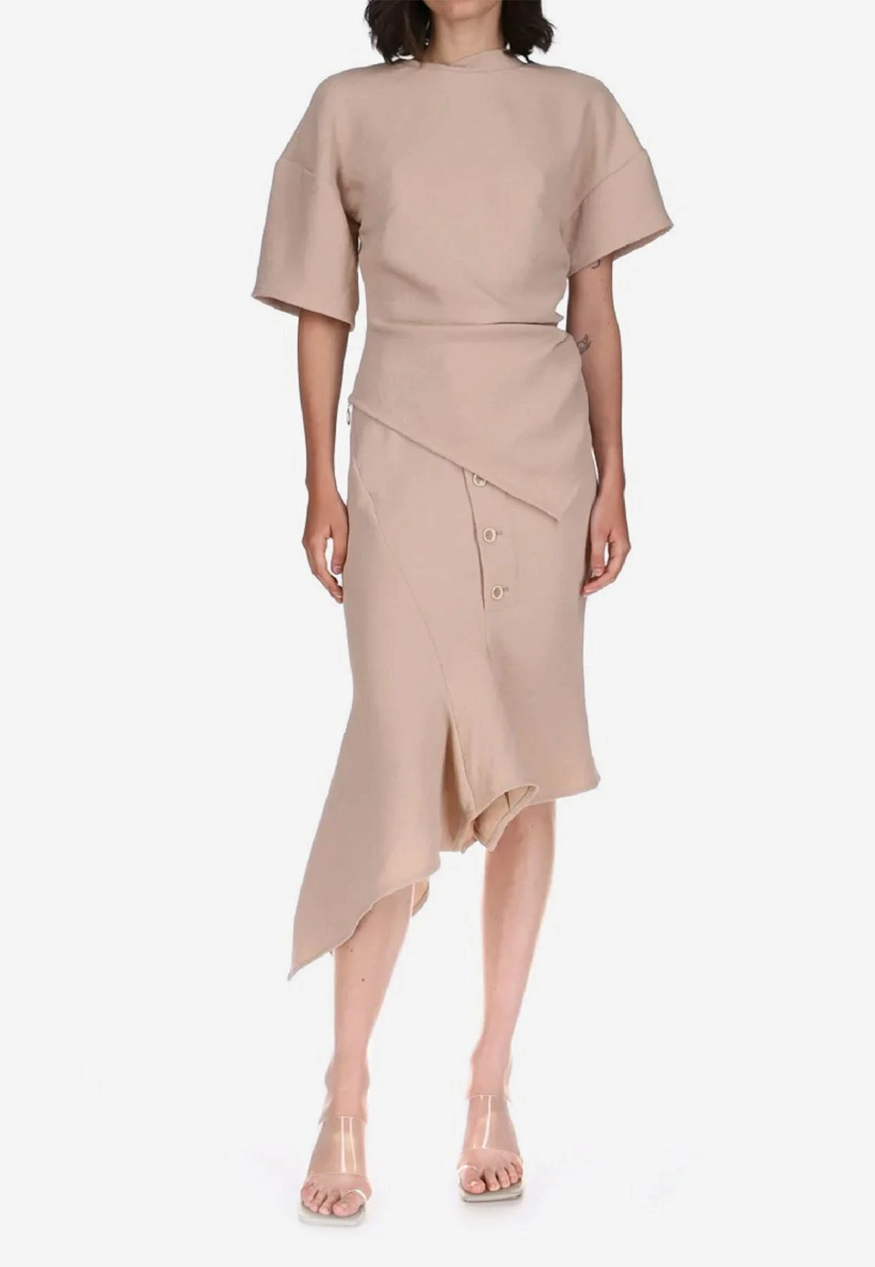 Dawei Asymmetric Midi Skirt With Buttons Beige 1 Dawei Asymmetric Midi Skirt With Buttons Beige