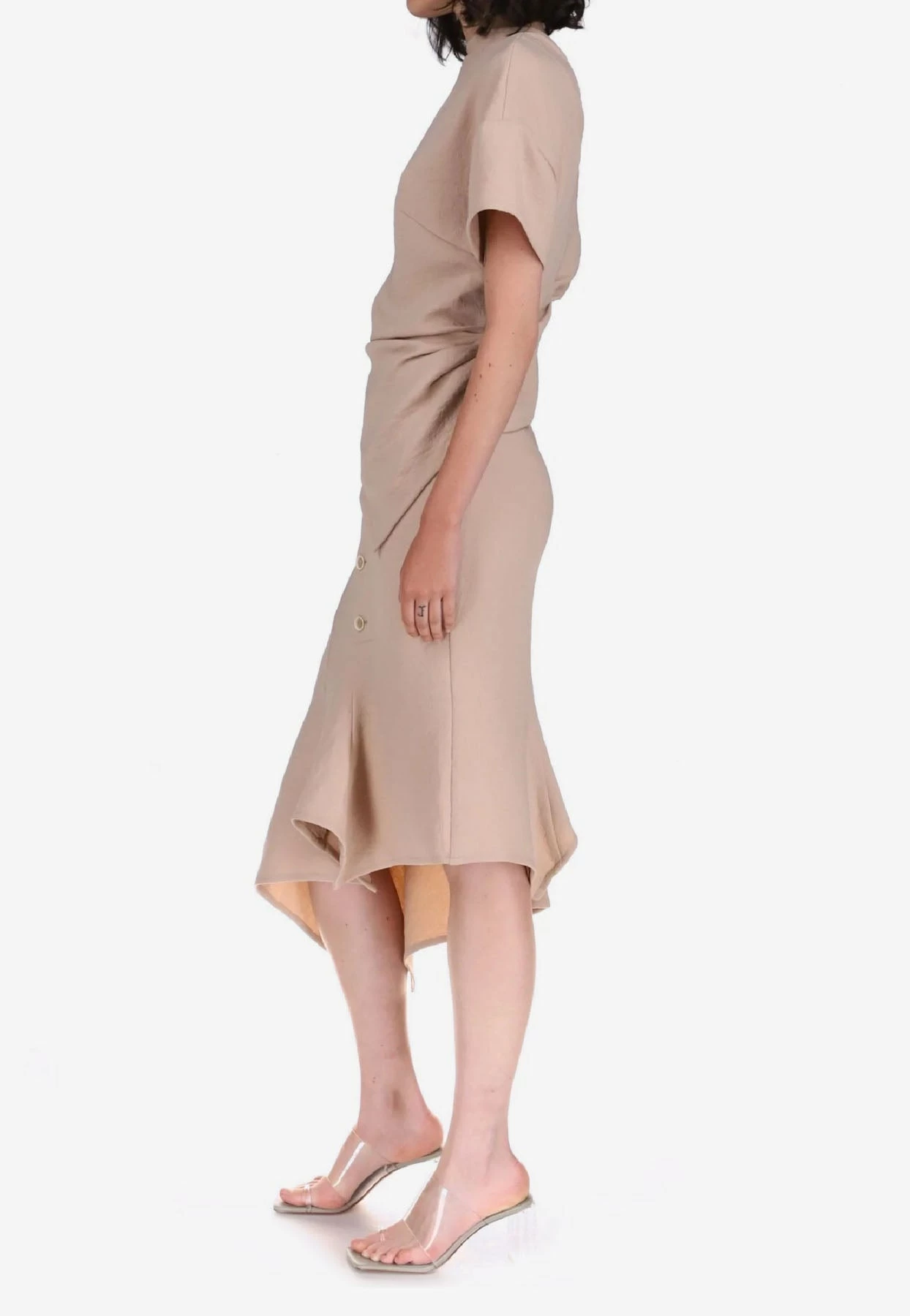 Dawei Asymmetric Midi Skirt With Buttons Beige 2 Dawei Asymmetric Midi Skirt With Buttons Beige - Image 2