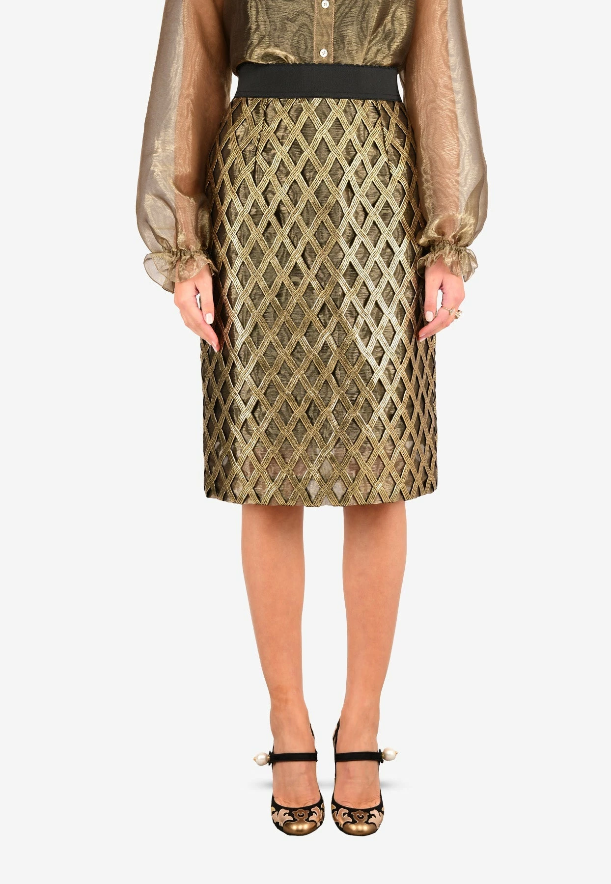 Dolce & Gabbana Openwork Woven Lamé Skirt Gold 1 Dolce & Gabbana Openwork Woven Lamé Skirt Gold