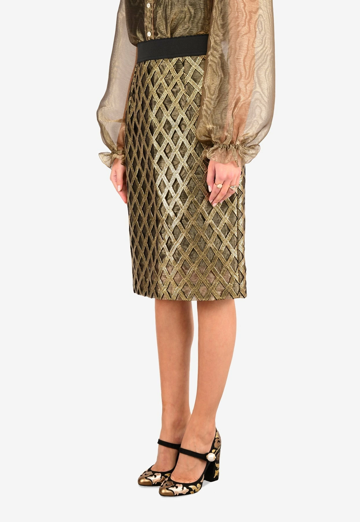 Dolce & Gabbana Openwork Woven Lamé Skirt Gold 2 Dolce & Gabbana Openwork Woven Lamé Skirt Gold - Image 2