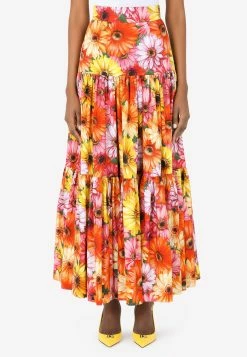 Dolce & Gabbana High-Waist Daisy Print Cotton Maxi Skirt Multicolor