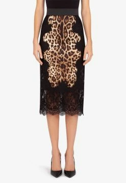 Dolce & Gabbana Leopard Print Laced Satin Midi Skirt Black