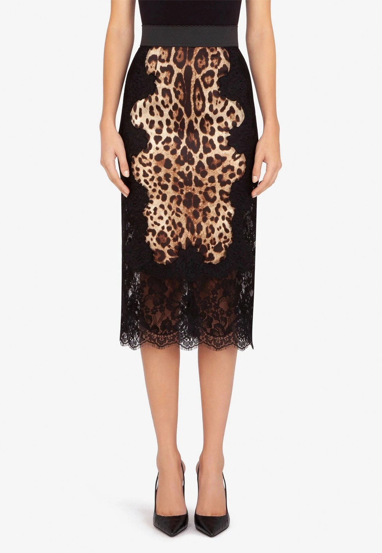 Dolce & Gabbana Leopard Print Laced Satin Midi Skirt Black 1 Dolce & Gabbana Leopard Print Laced Satin Midi Skirt Black