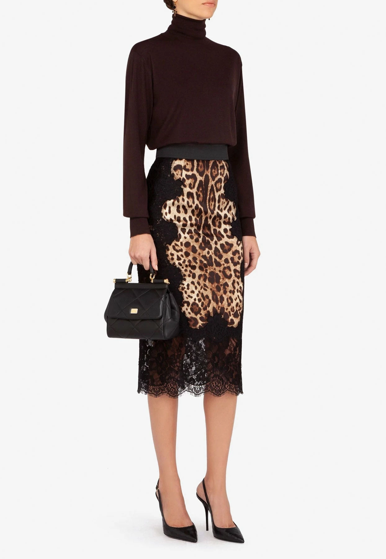 Dolce & Gabbana Leopard Print Laced Satin Midi Skirt Black 2 Dolce & Gabbana Leopard Print Laced Satin Midi Skirt Black - Image 2