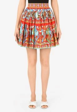 Dolce & Gabbana Carretto Print Pleated Cotton A-Line Mini Skirt Multicolor
