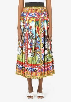 Dolce & Gabbana Carretto Print Pleated Silk Twill Midi Skirt Multicolor