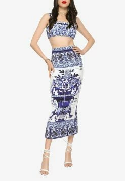Dolce & Gabbana Majolica Print Silk Midi Skirt Blue