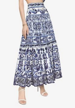 Dolce & Gabbana Majolica Print Poplin Midi Skirt Blue