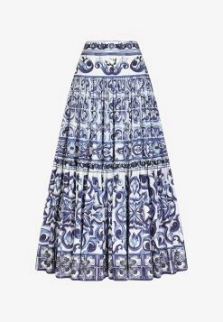 Dolce & Gabbana Majolica Print Poplin Midi Skirt Blue -Evening Dresses Popular Store F4CELT 20HH5BD 20HA3TN 203