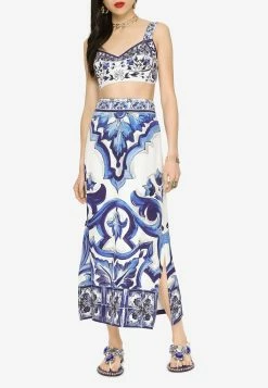 Dolce & Gabbana Majolica Print High-Waist Midi Skirt Blue
