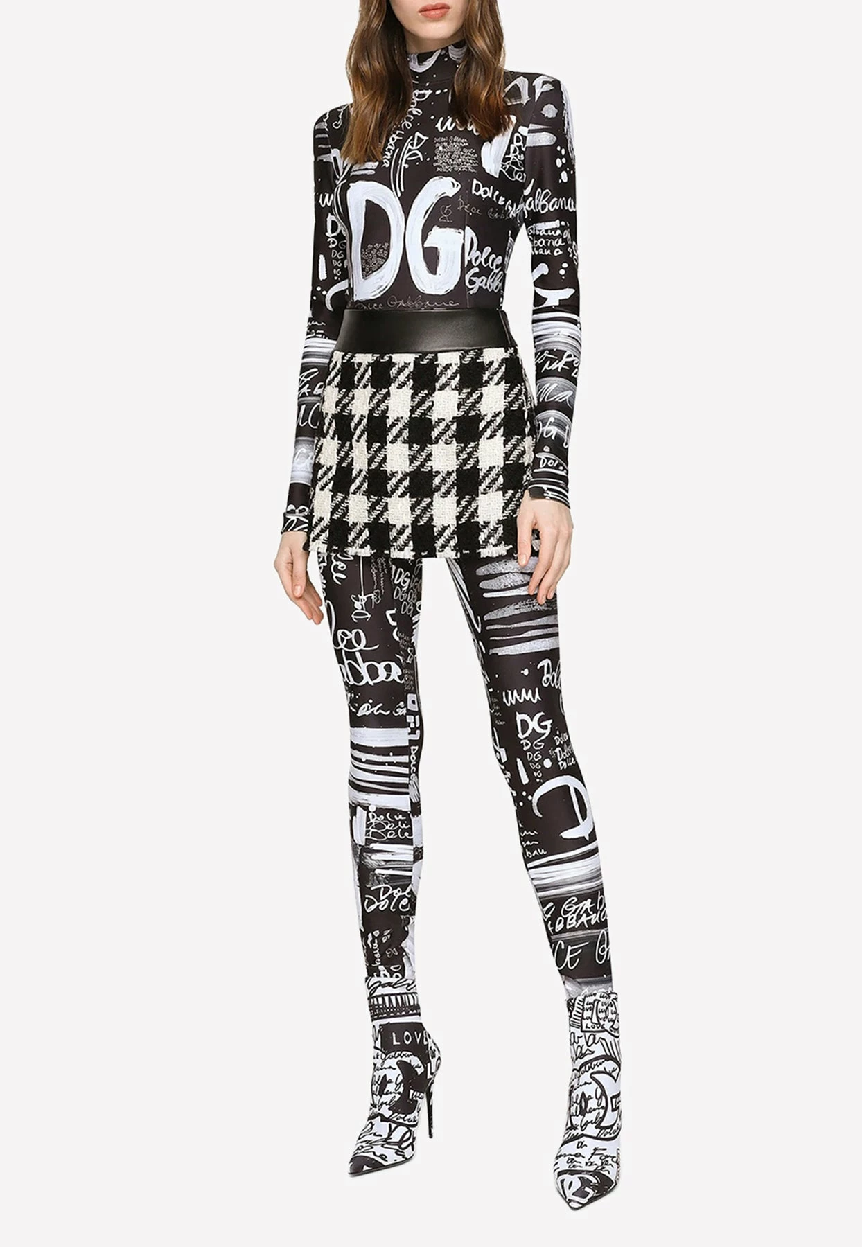 Dolce & Gabbana Leather-Trimmed Houndstooth Tweed Mini Skirt Monochrome 2 Dolce & Gabbana Leather-Trimmed Houndstooth Tweed Mini Skirt Monochrome - Image 2