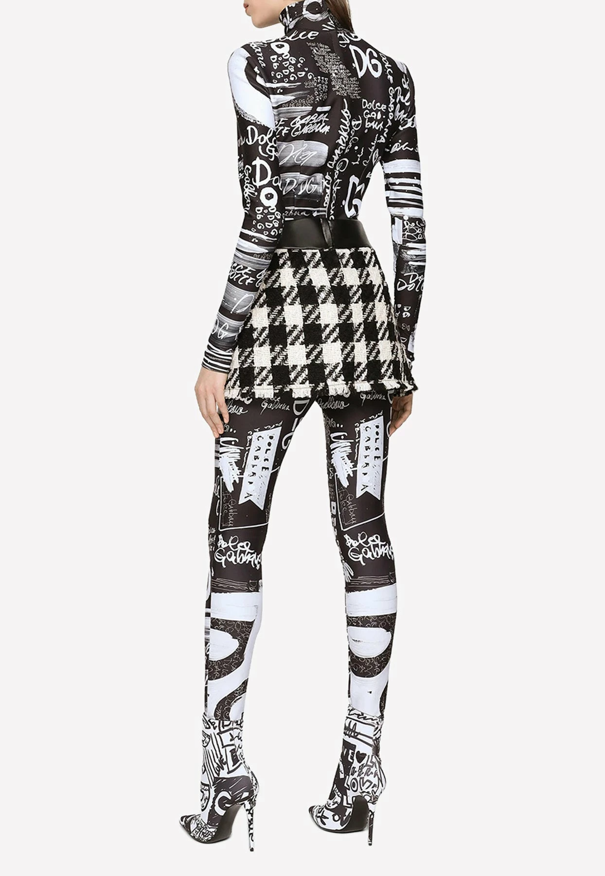 Dolce & Gabbana Leather-Trimmed Houndstooth Tweed Mini Skirt Monochrome 3 Dolce & Gabbana Leather-Trimmed Houndstooth Tweed Mini Skirt Monochrome - Image 3