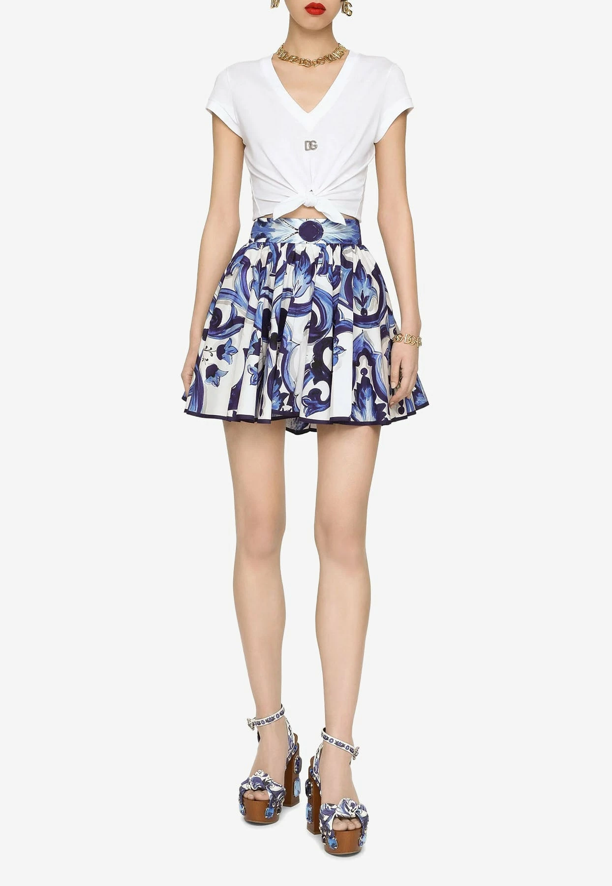 Dolce & Gabbana Majolica Print Pleated Mini Poplin Skirt Blue 3 Dolce & Gabbana Majolica Print Pleated Mini Poplin Skirt Blue - Image 3
