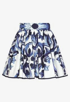 Dolce & Gabbana Majolica Print Pleated Mini Poplin Skirt Blue