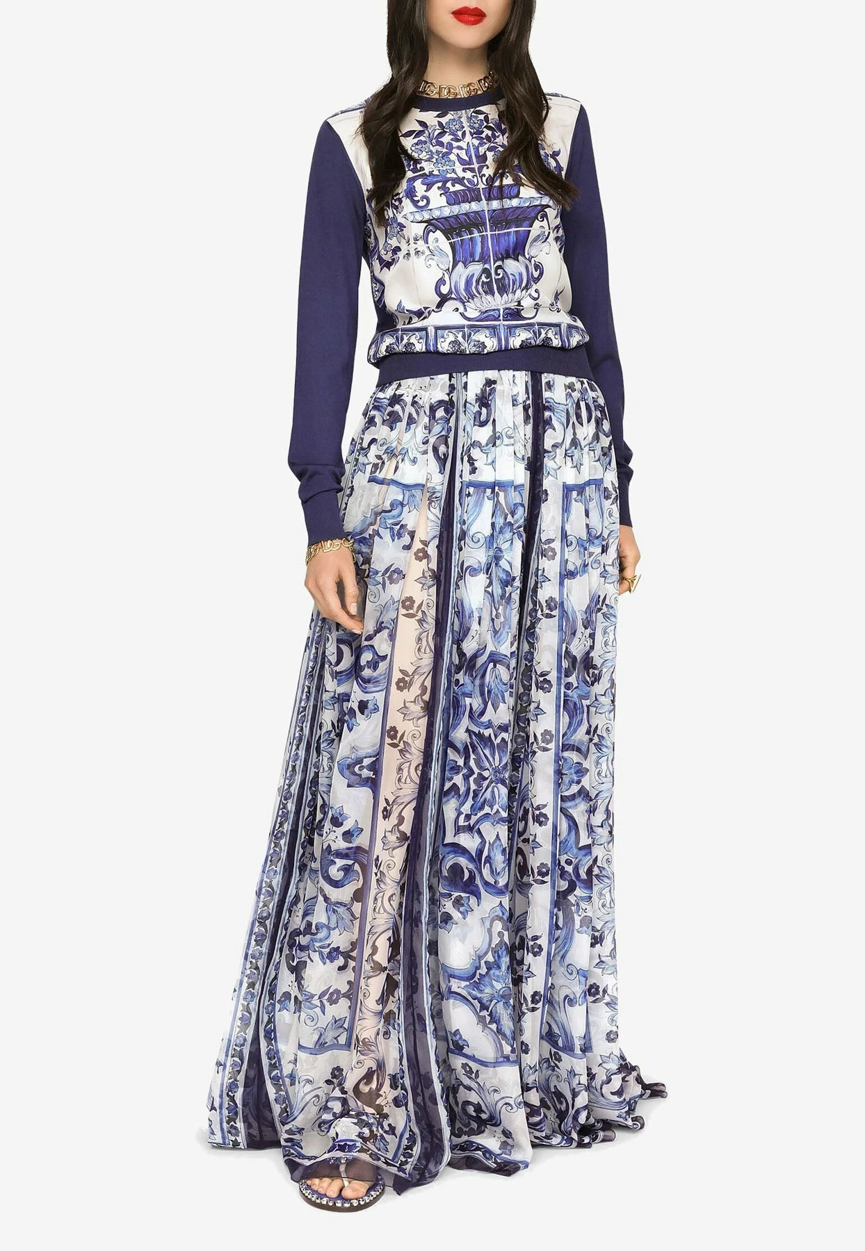 Dolce & Gabbana Majolica Print Maxi Chiffon Skirt Blue 2 Dolce & Gabbana Majolica Print Maxi Chiffon Skirt Blue - Image 2