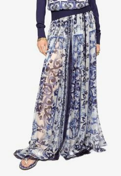 Dolce & Gabbana Majolica Print Maxi Chiffon Skirt Blue