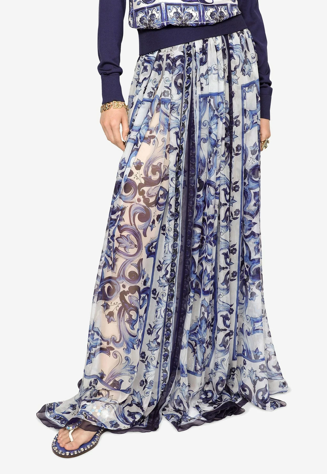 Dolce & Gabbana Majolica Print Maxi Chiffon Skirt Blue 1 Dolce & Gabbana Majolica Print Maxi Chiffon Skirt Blue
