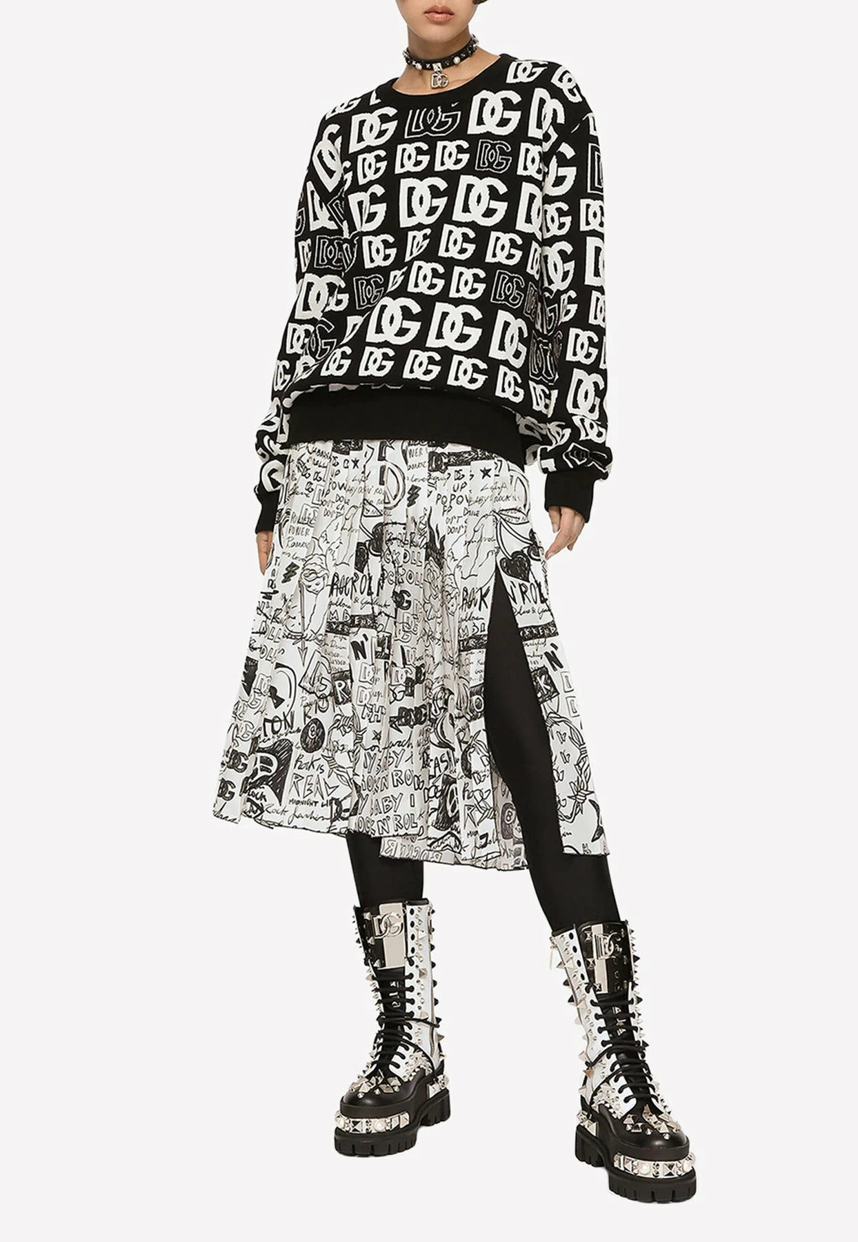 Dolce & Gabbana Crepe De Chine Pleated Graffiti Midi Skirt Monochrome 2 Dolce & Gabbana Crepe De Chine Pleated Graffiti Midi Skirt Monochrome - Image 2