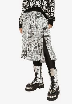 Dolce & Gabbana Crepe De Chine Pleated Graffiti Midi Skirt Monochrome