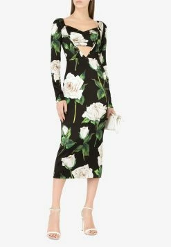 Dolce & Gabbana Floral Print Midi Dress In Satin Multicolor