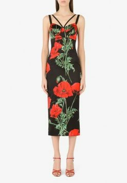 Dolce & Gabbana Floral Print Corset Midi Dress In Satin Red