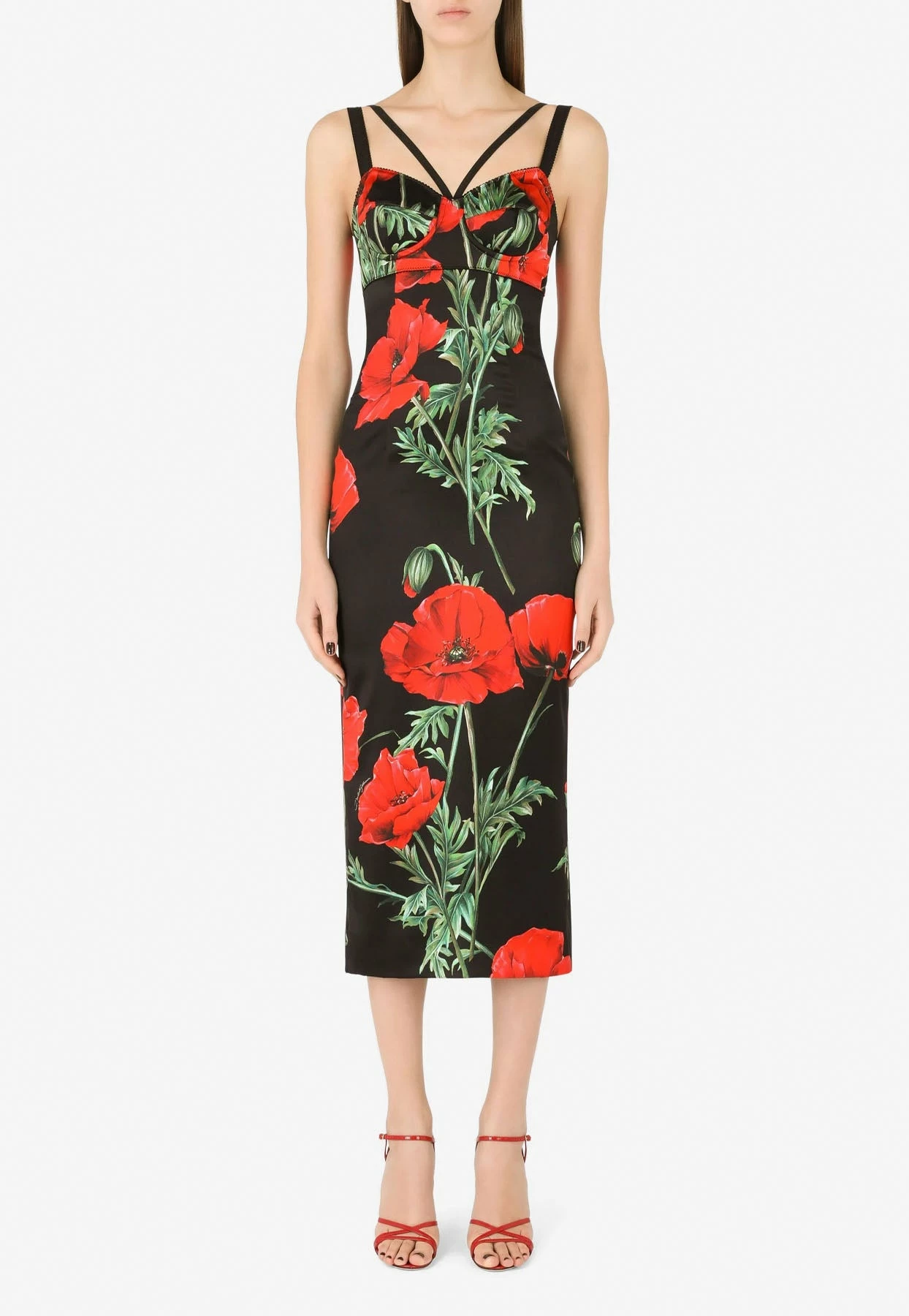 Dolce & Gabbana Floral Print Corset Midi Dress In Satin Red 1 Dolce & Gabbana Floral Print Corset Midi Dress In Satin Red
