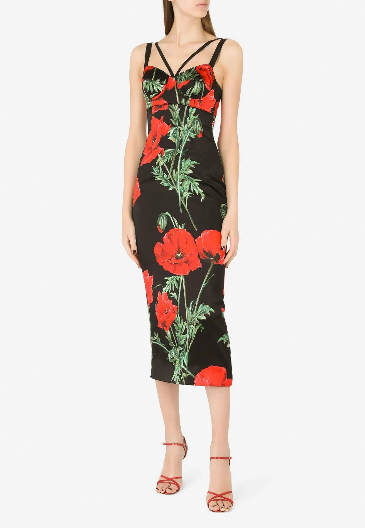 Dolce & Gabbana Floral Print Corset Midi Dress In Satin Red 2 Dolce & Gabbana Floral Print Corset Midi Dress In Satin Red - Image 2