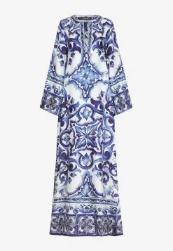 Dolce & Gabbana Majolica Print Long Twill Kaftan Dress Blue