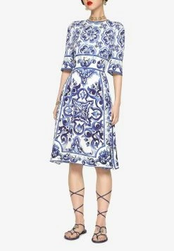 Dolce & Gabbana Majolica Print Charmeuse Tailored Dress Blue
