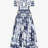 Dolce & Gabbana Majolica Print Pleated Poplin Midi Dress Blue