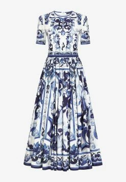 Dolce & Gabbana Majolica Print Pleated Poplin Midi Dress Blue