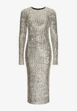 Dolce & Gabbana Long-Sleeved Sequined Midi Dress Silver