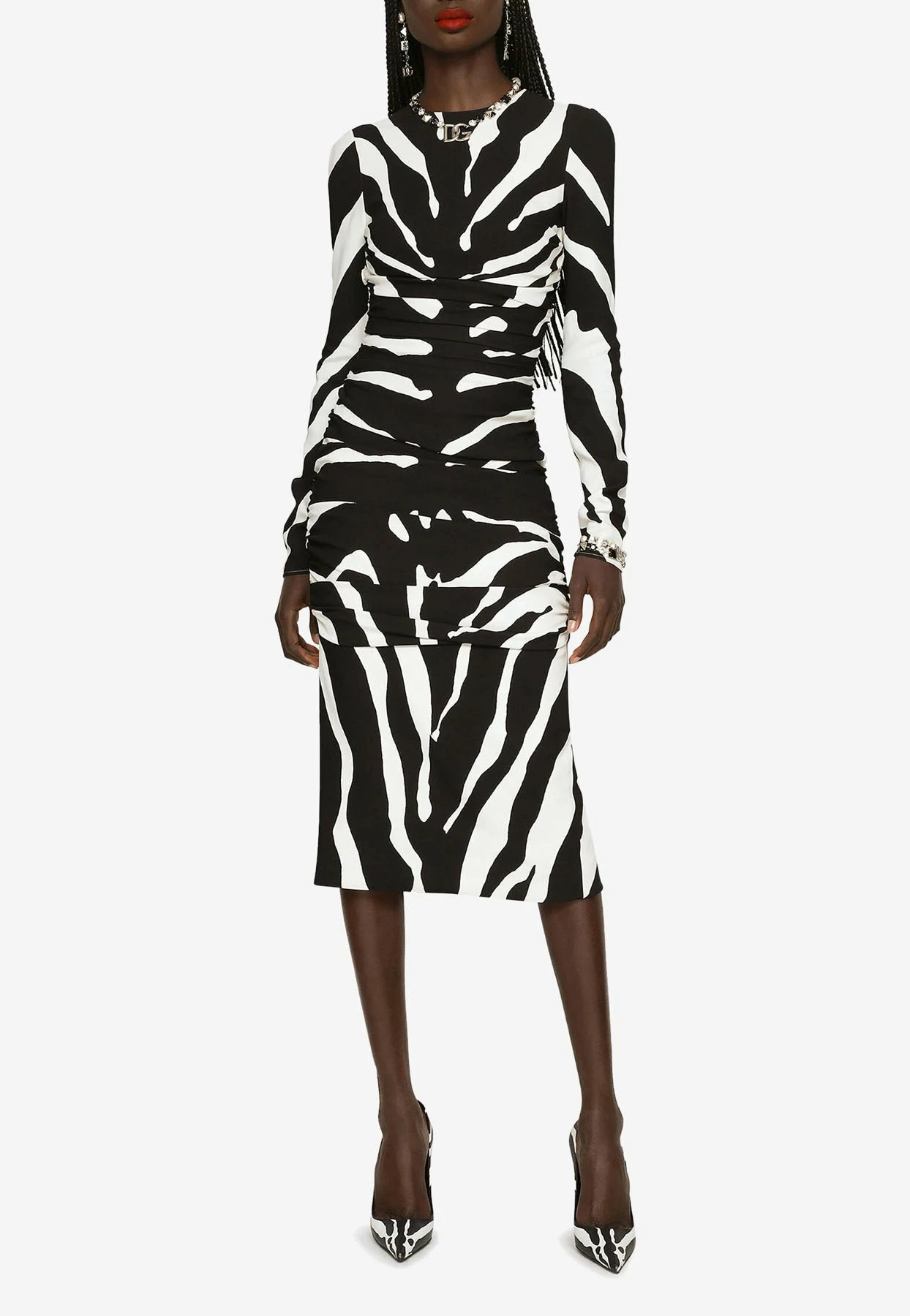 Dolce & Gabbana Zebra Print Ruched Cady Midi Dress Monochrome 2 Dolce & Gabbana Zebra Print Ruched Cady Midi Dress Monochrome - Image 2