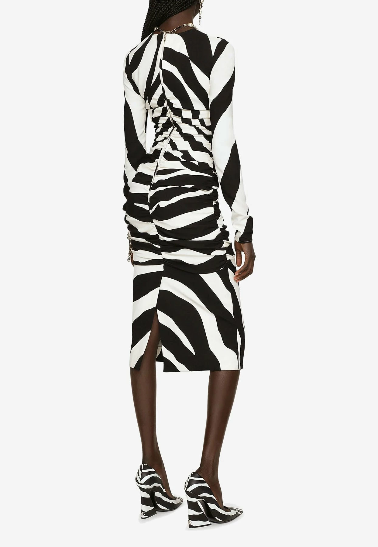 Dolce & Gabbana Zebra Print Ruched Cady Midi Dress Monochrome 3 Dolce & Gabbana Zebra Print Ruched Cady Midi Dress Monochrome - Image 3
