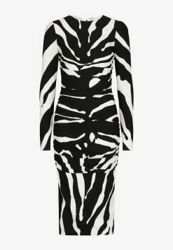 Dolce & Gabbana Zebra Print Ruched Cady Midi Dress Monochrome