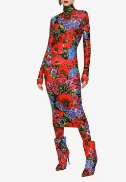 Dolce & Gabbana Meadow Print High-Neck Midi Dress Multicolor