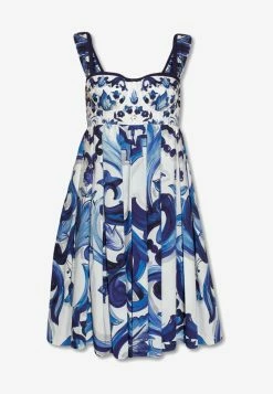 Dolce & Gabbana Majolica Print Bustier Mini Poplin Dress Blue