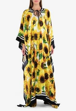 Dolce & Gabbana Sunflower Print Kaftan Maxi Dress In Silk Yellow