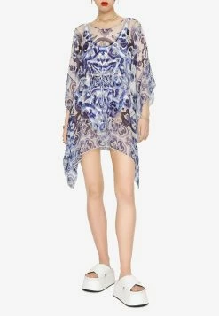Dolce & Gabbana Majolica Print Chiffon Kaftan Dress Blue