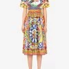 Dolce & Gabbana Carretto Print Ruffled Sleeve Silk Dress Multicolor